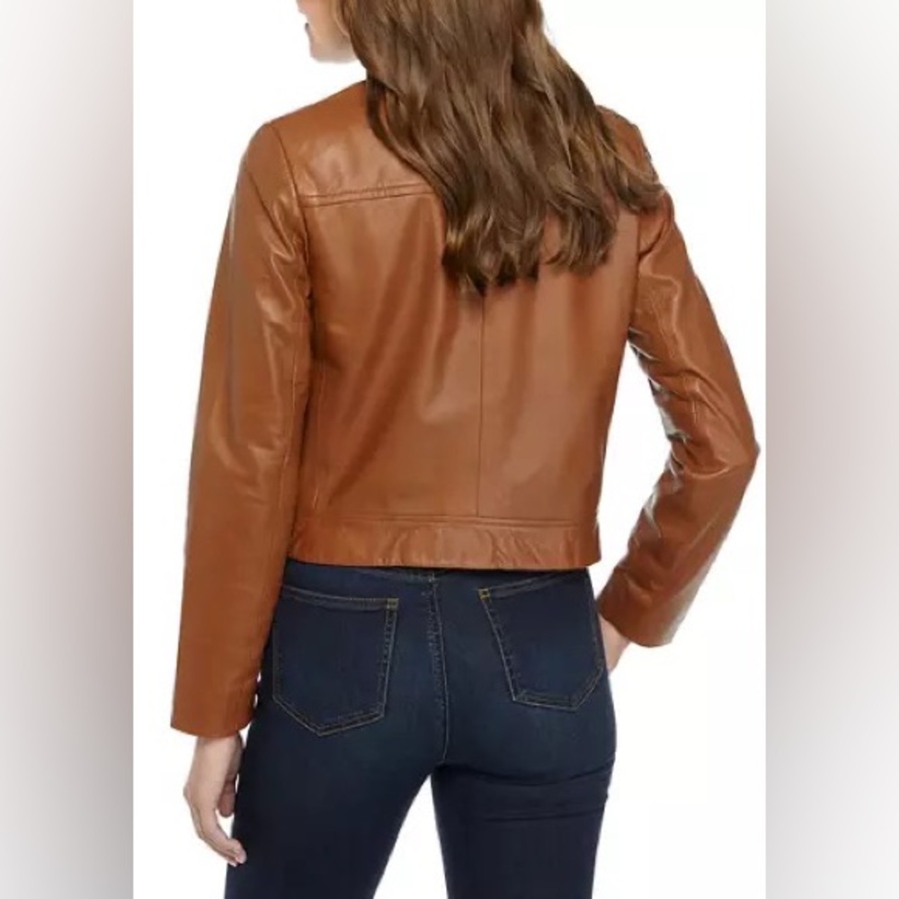 MICHAEL Michael Kors Leather Moto Jacket in Luggage - Picture 6 of 14